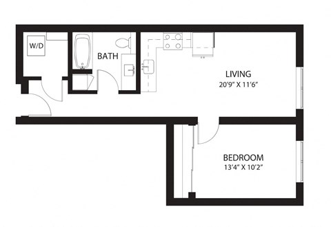 Floor plan for 1 bed, 1 bath, 679 sqft